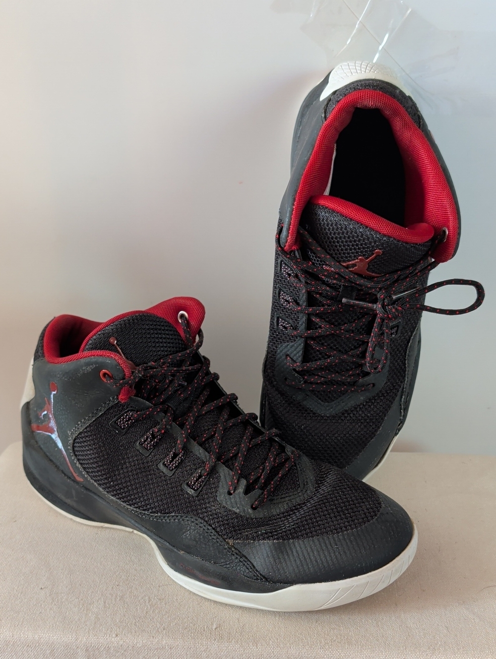 Jordan Men’s Black and Red High-Top Athletic Basketball Shoes.